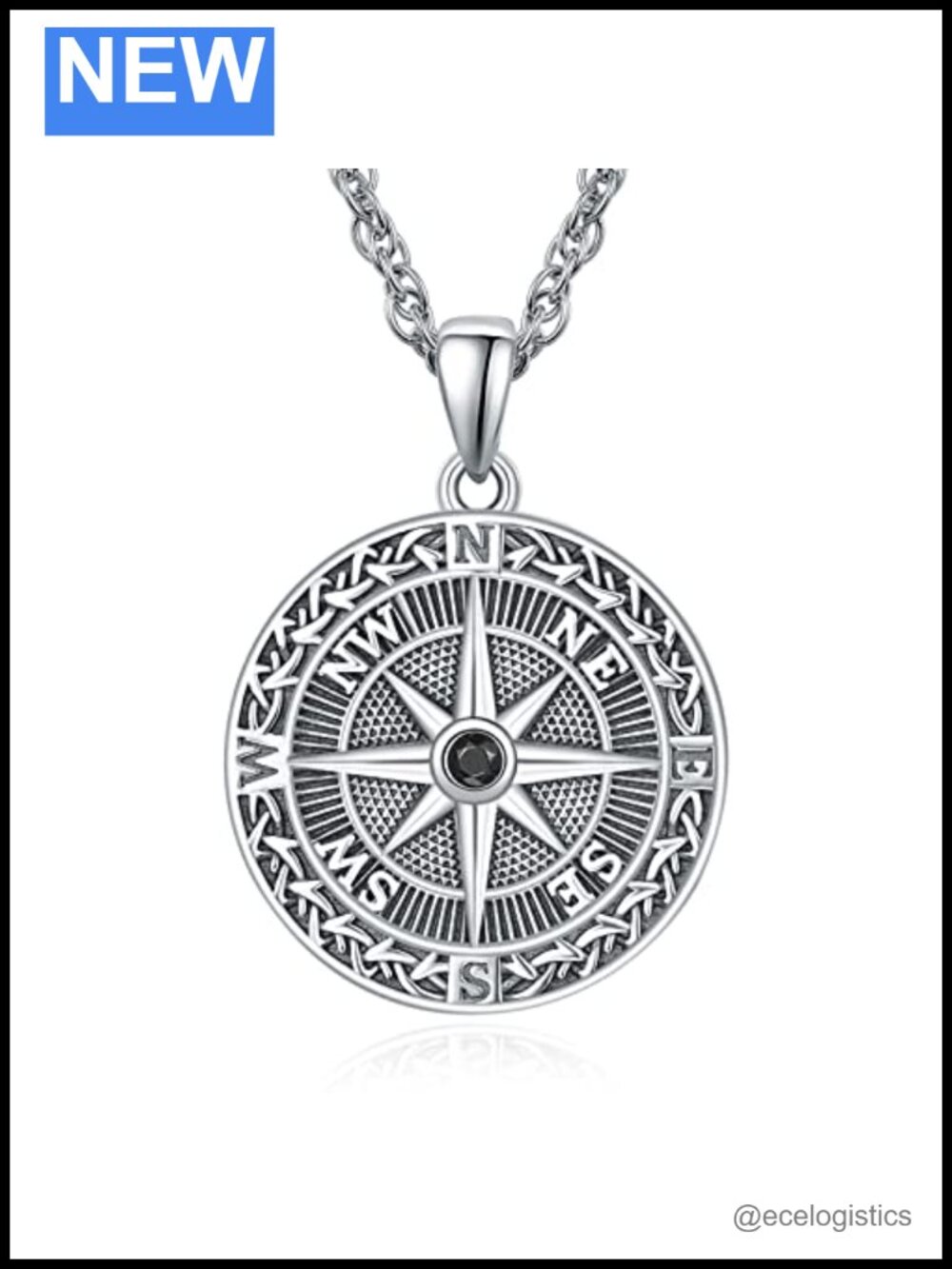 925 Sterling Silver Compass Necklace Men Celtic Box Chain 20+2 In